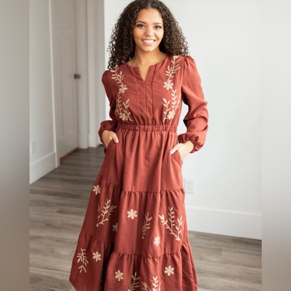 HAYDEN Terracotta Boho Cottagecore Floral Embroidered Tiered Long Sleeve Dress